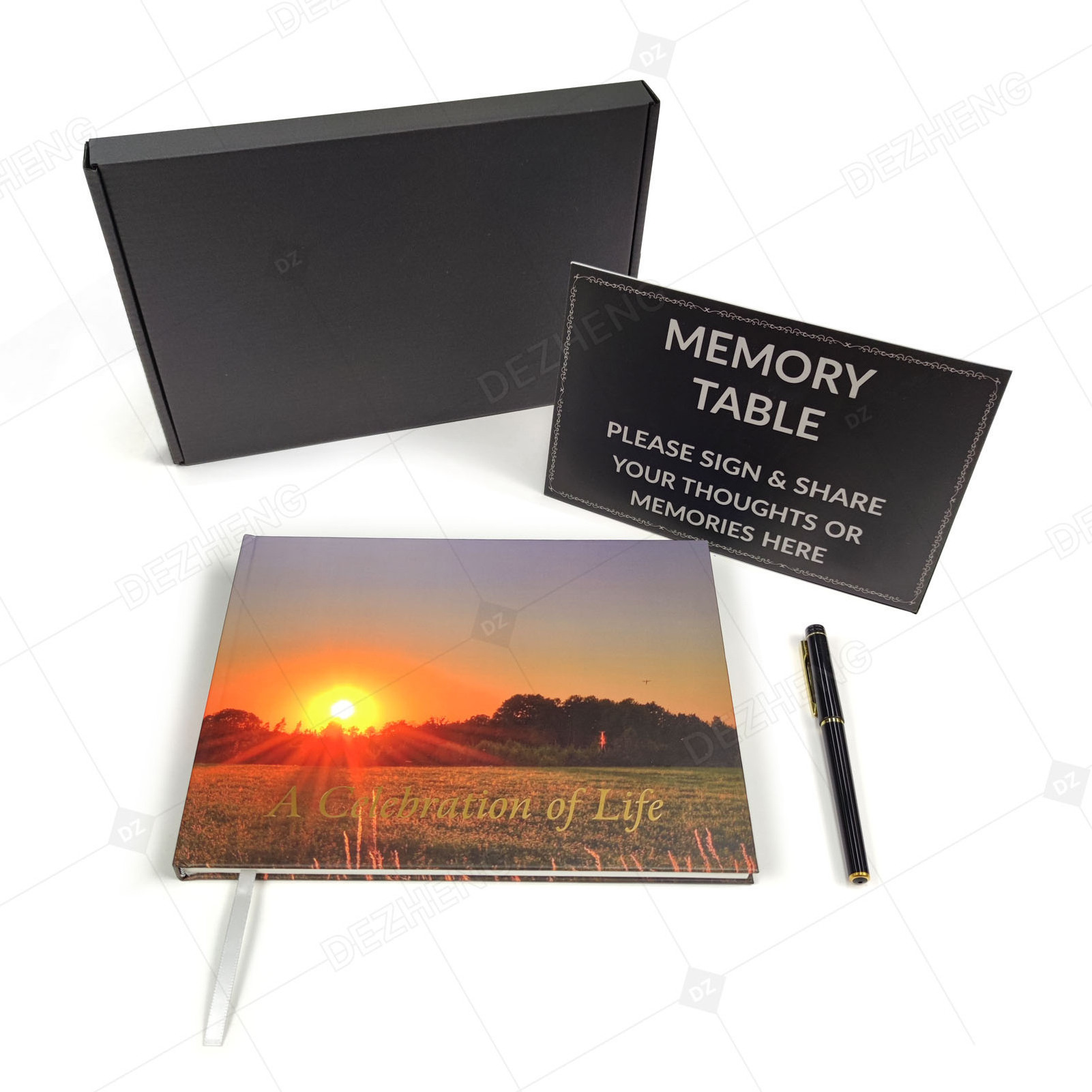 Wholesale Black Custom-made Hardcover Memory Frame a celebration of life box suite with pen Memorial Funeral Guest Book