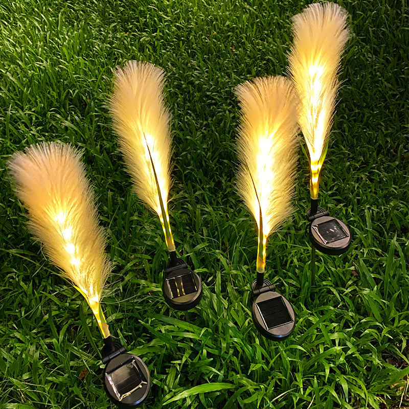 landscape Outdoor Garden Decoration Plants Artificial Flower Reed Pampas Grass With Solar Power Lights Led Stake Lamp