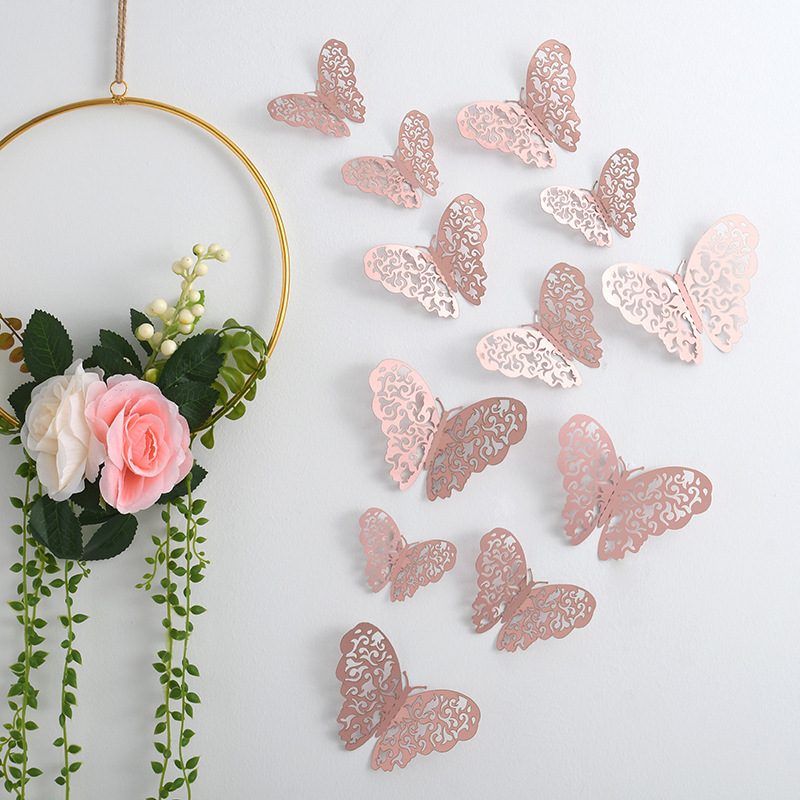 12PCS Golden Hollowed Butterfly Sticker Wedding Valentine's Day Party Decorating 3D Metal Butterflies