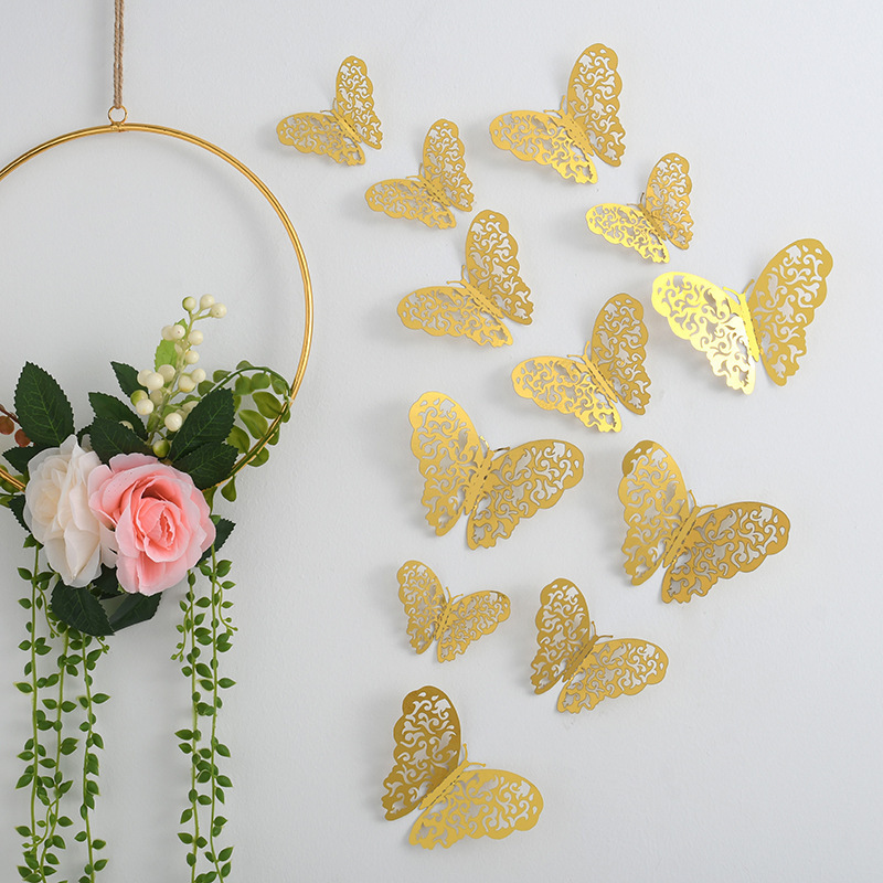 12PCS Golden Hollowed Butterfly Sticker Wedding Valentine's Day Party Decorating 3D Metal Butterflies