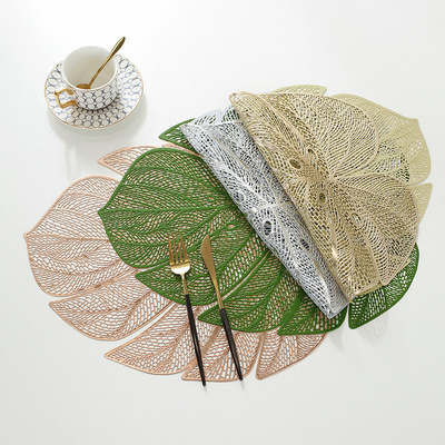 Wipeable Metallic Plastic Green Place Mats Leaf Shaped Vinyl Placemats for Dining Table Heat Resistant Table Mats