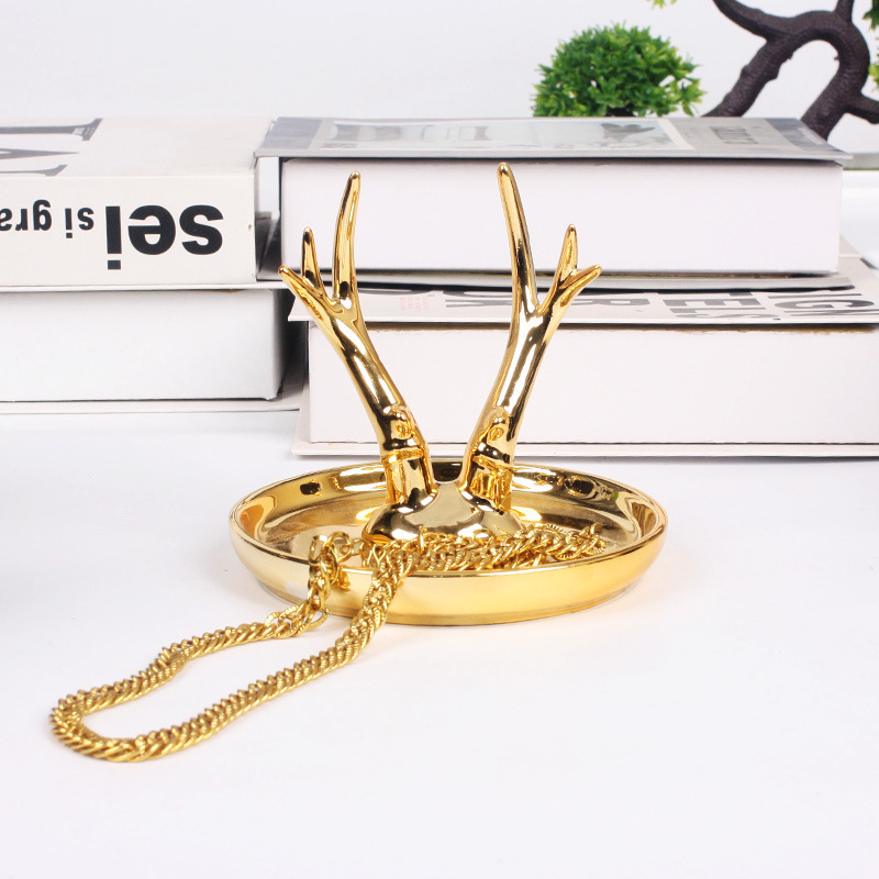 Gold Plated Ring Necklace Watch Storage Tray Animal Decoration Ceramic Decorative Trinket Plate Jewelry Tray Dish for Women Girl