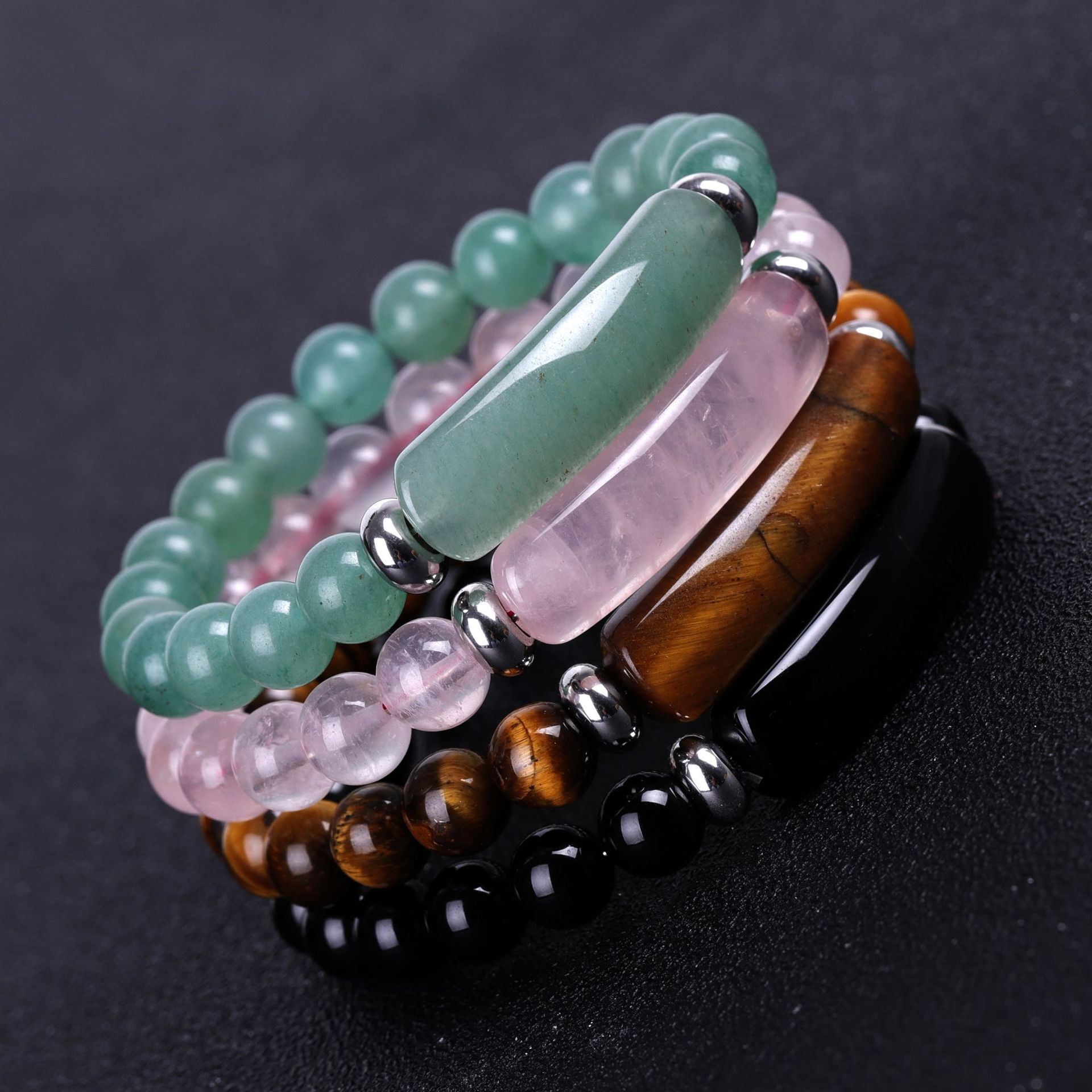 2022 New Arrival Natural Stone Pink Crystal Red Black Onyx Tiger Eye Stone Handmade Beaded Bracelet For Women And Men