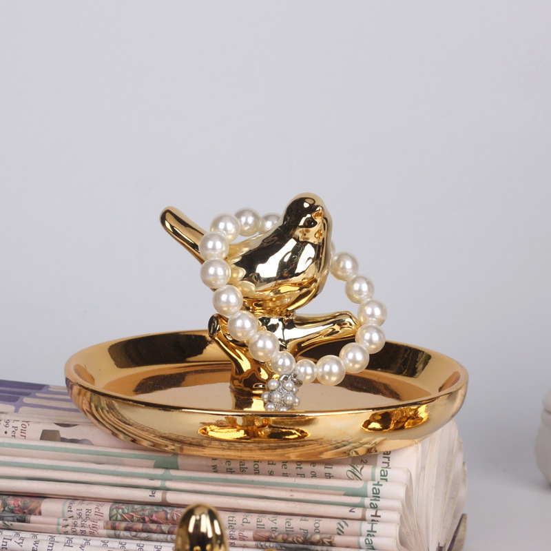 Gold Plated Ring Necklace Watch Storage Tray Animal Decoration Ceramic Decorative Trinket Plate Jewelry Tray Dish for Women Girl