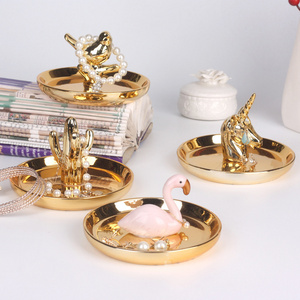 Gold Plated Ring Necklace Watch Storage Tray Animal Decoration Ceramic Decorative Trinket Plate Jewelry Tray Dish for Women Girl