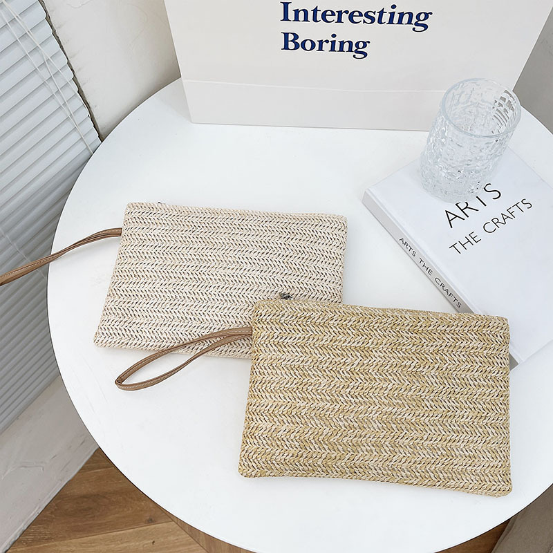 New Women Fashion Summer Beach Travel Beige Khaki Credit Card Key Cash Coin Holder PP Straw Braided Woven Hand Pouch Clutch Bags