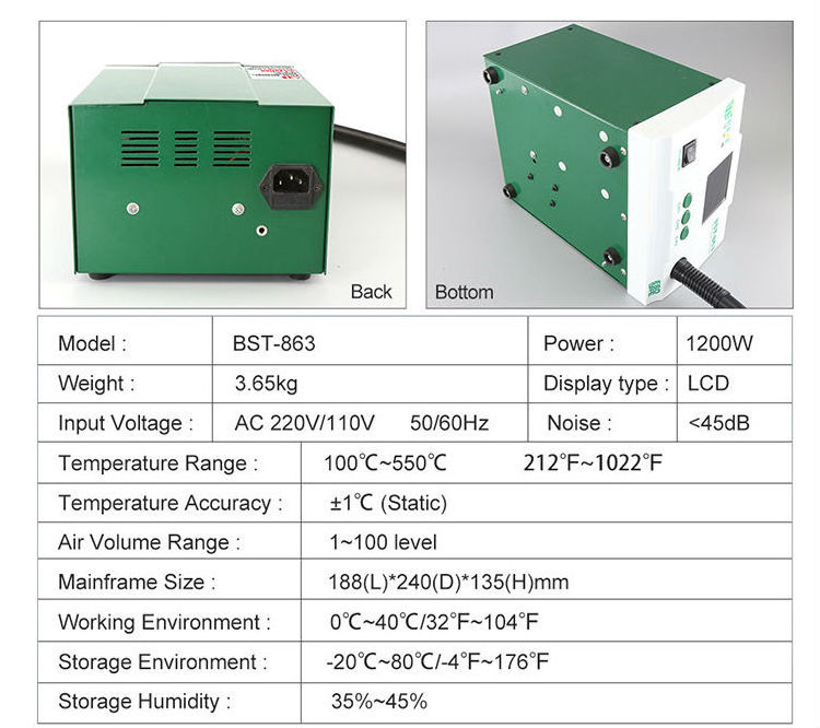 Wholesale price 1200W BST-863 High power Lead-free Hot Air Gun Intelligent Digital Display Soldering Station