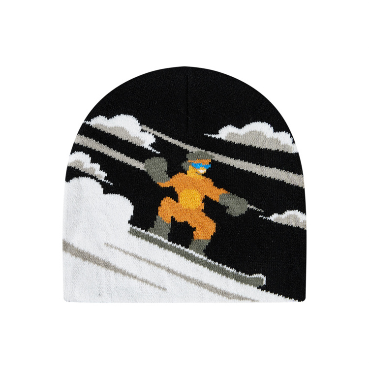 Custom Acrylic All Over Print Reversible Beanies Cap Graphic Jacquard Cuffless Ski Winter Slouchy Hat Beanie