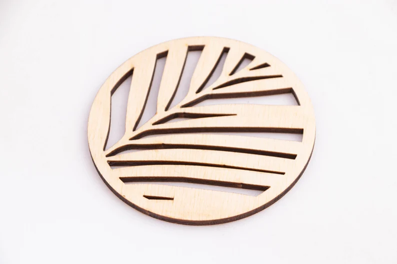 Palm leaf wood coaster set four round laser cut wooden drink coasters housewarming gift nature plants wooden coasters