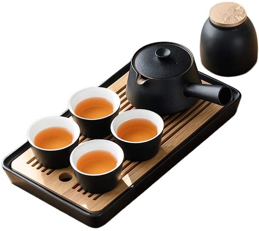 Black Glazed Tea Set Ceramic Tea Cup Set with Double Bamboo Tray and Teapot Warmer, Special Clay Texture