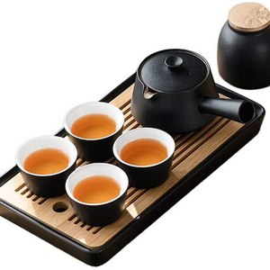 Black Glazed Tea Set Ceramic Tea Cup Set with Double Bamboo Tray and Teapot Warmer, Special Clay Texture