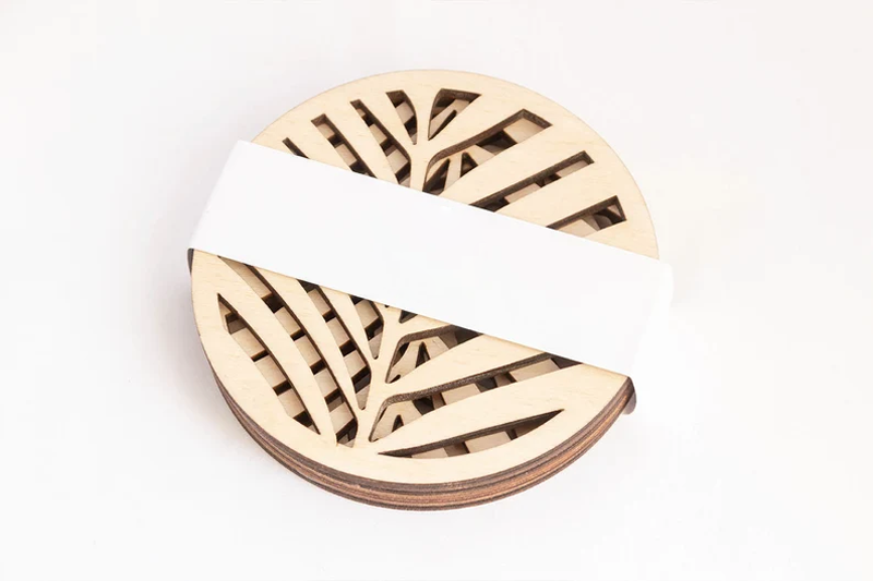 Palm leaf wood coaster set four round laser cut wooden drink coasters housewarming gift nature plants wooden coasters