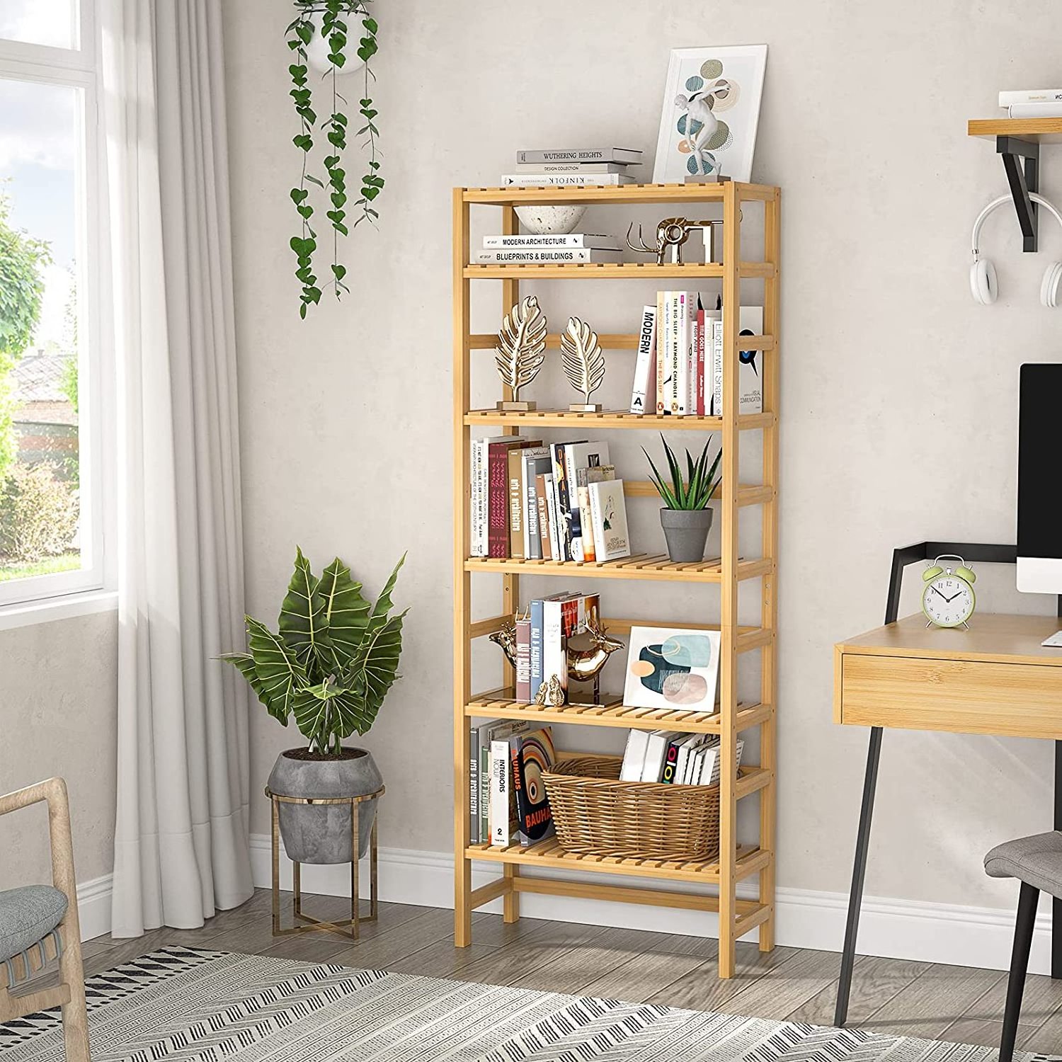 Bookshelf 6 Tier Bamboo Shelf Adjustable Tall Bookcase Bookshelf Rack Organizer Shelving Unit Free Standing Storage