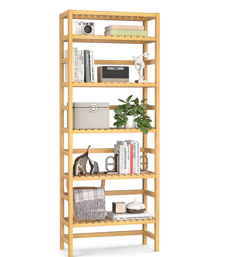 Bookshelf 6 Tier Bamboo Shelf Adjustable Tall Bookcase Bookshelf Rack Organizer Shelving Unit Free Standing Storage