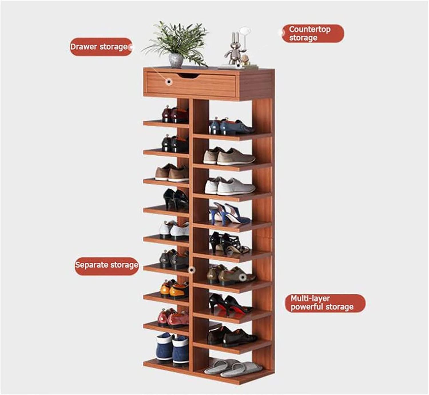 Vertical Shoe Rack 10 layer Wooden Tall Shoe Rack with Drawer Double Rows Shoes Organizer Space Saving Narrow Entryway Organizer