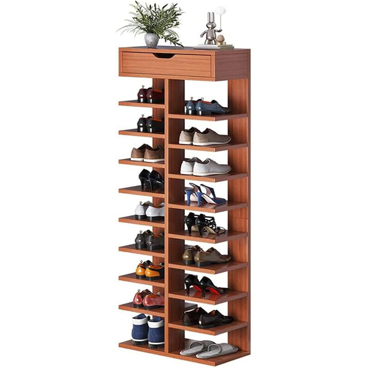 Vertical Shoe Rack 10 layer Wooden Tall Shoe Rack with Drawer Double Rows Shoes Organizer Space Saving Narrow Entryway Organizer