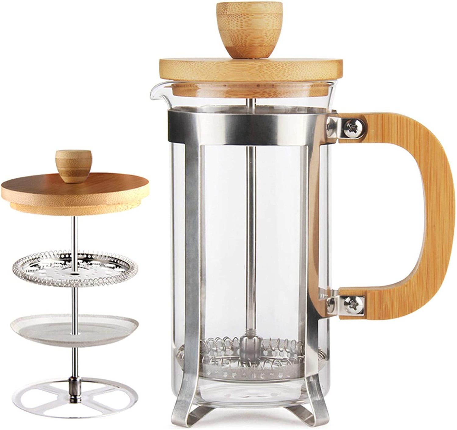 2024 Bamboo French Press Coffee Tea Maker Single Server Small Espresso Press Stainless Steel Filter 0.35L Carafe Coffee Maker