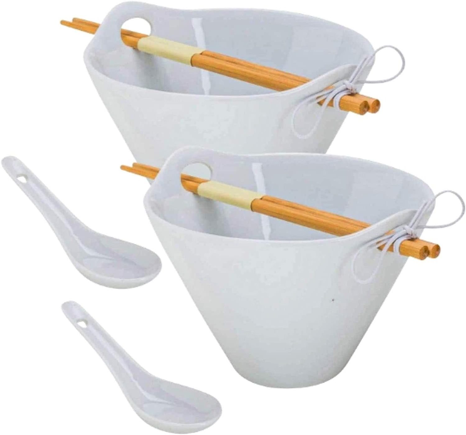 White Porcelain Noodle Bowl Sets Bamboo Chopsticks and Ceramic Spoon Ramen, Soup, Salad, Pho, Fruit 40 Ounce Bowl