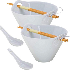 White Porcelain Noodle Bowl Sets Bamboo Chopsticks and Ceramic Spoon Ramen, Soup, Salad, Pho, Fruit 40 Ounce Bowl