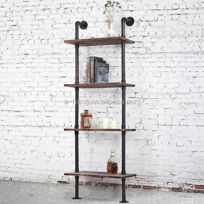 Industrial Style Metal and Wood Wall Mounted Shelf Rack utility storage shelves with rustic finished