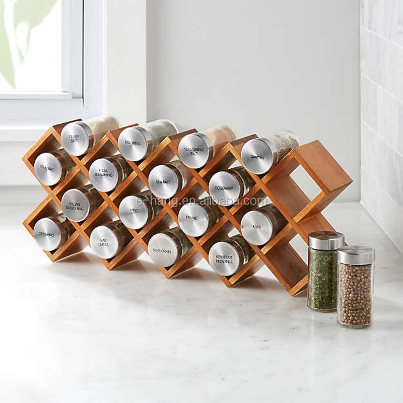 18-Jar Acacia Wood Spice Rack Kitchen Spice Shelf Display Bamboo Organizer Wooden Spice Rack