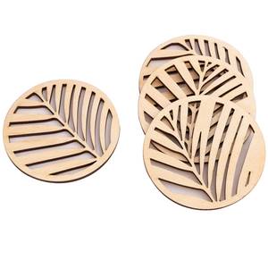 Palm leaf wood coaster set four round laser cut wooden drink coasters housewarming gift nature plants wooden coasters