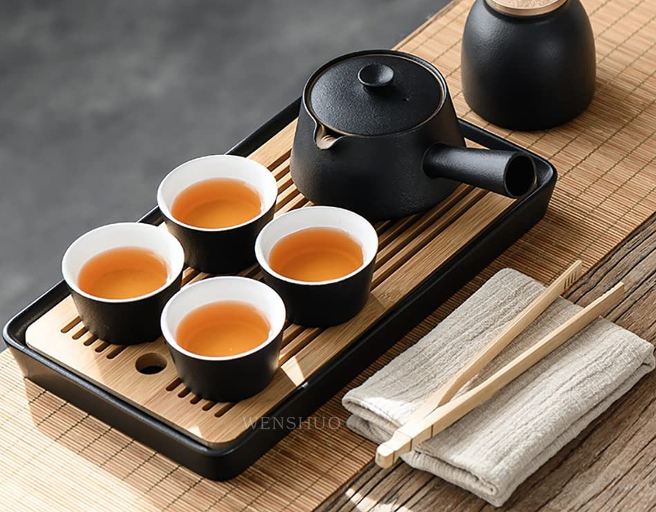 Black Glazed Tea Set Ceramic Tea Cup Set with Double Bamboo Tray and Teapot Warmer, Special Clay Texture