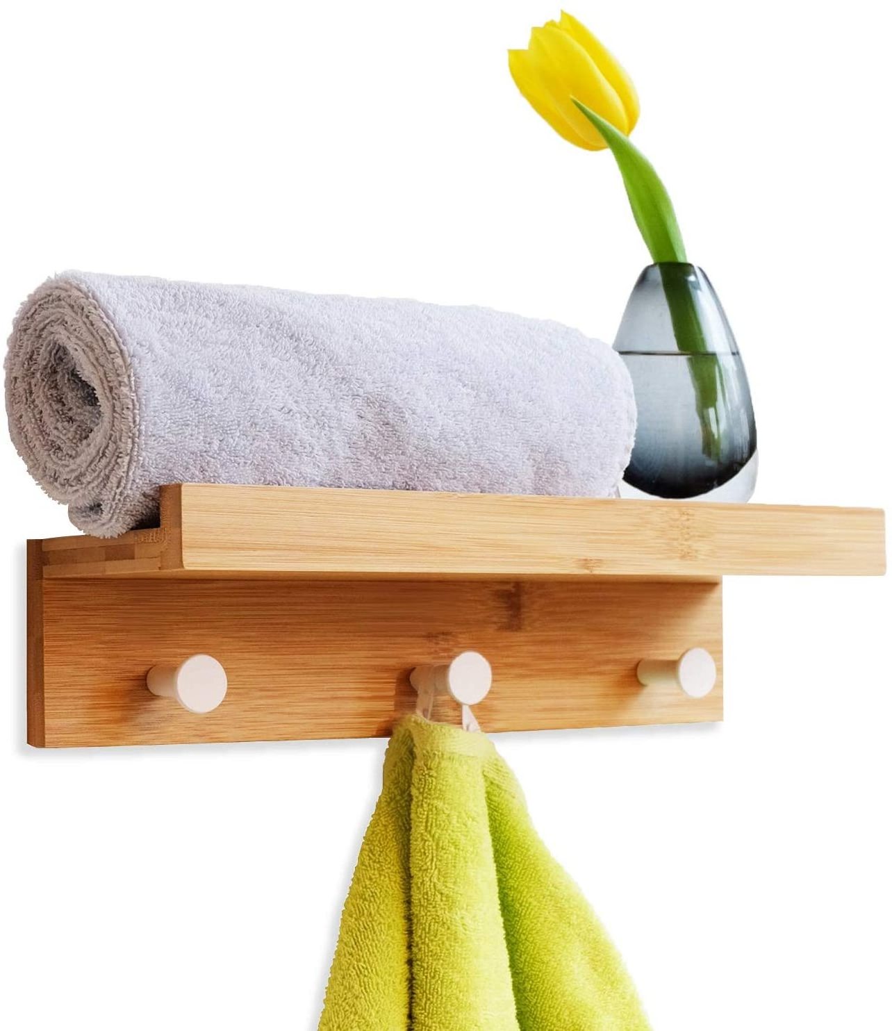 2024 Wall Shelf Bathroom 3 Hooks Bamboo Wood Towel Holder Natural Colour Sauna Bathroom Shelf Narrow with Hook Rail