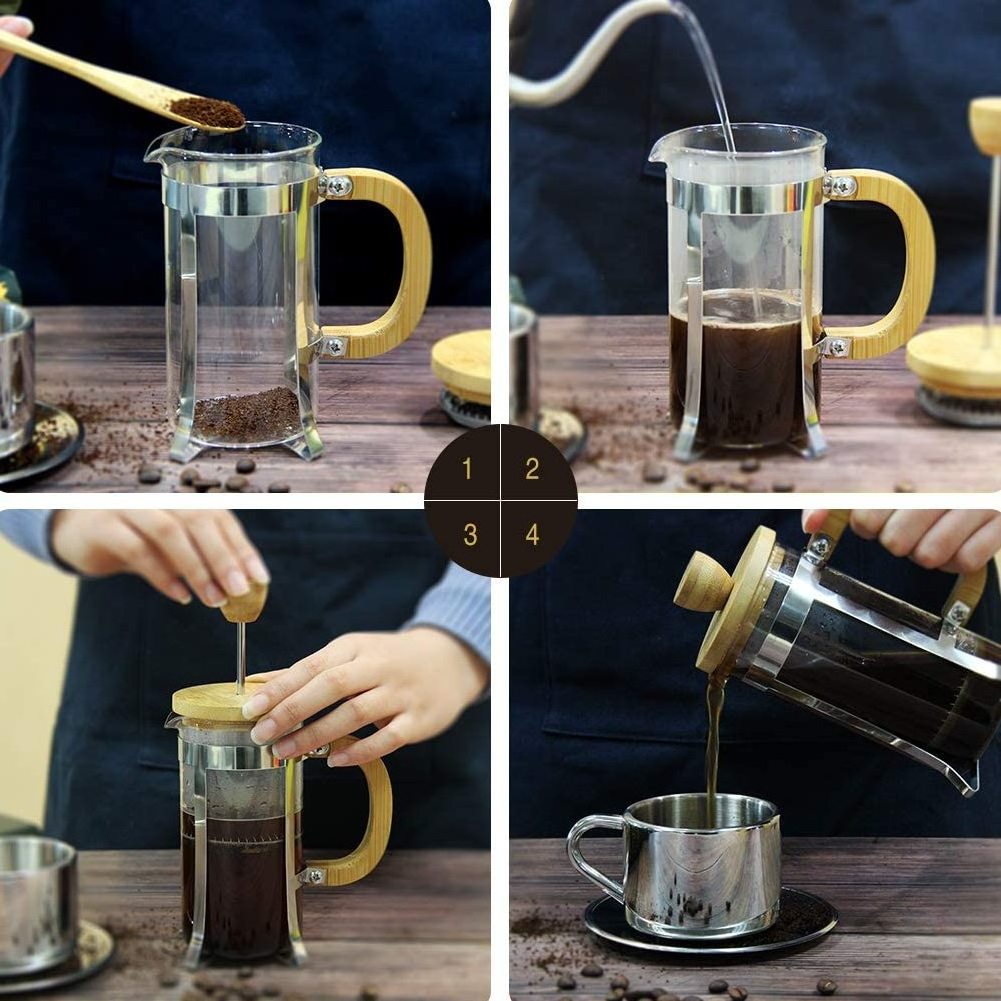 2024 Bamboo French Press Coffee Tea Maker Single Server Small Espresso Press Stainless Steel Filter 0.35L Carafe Coffee Maker