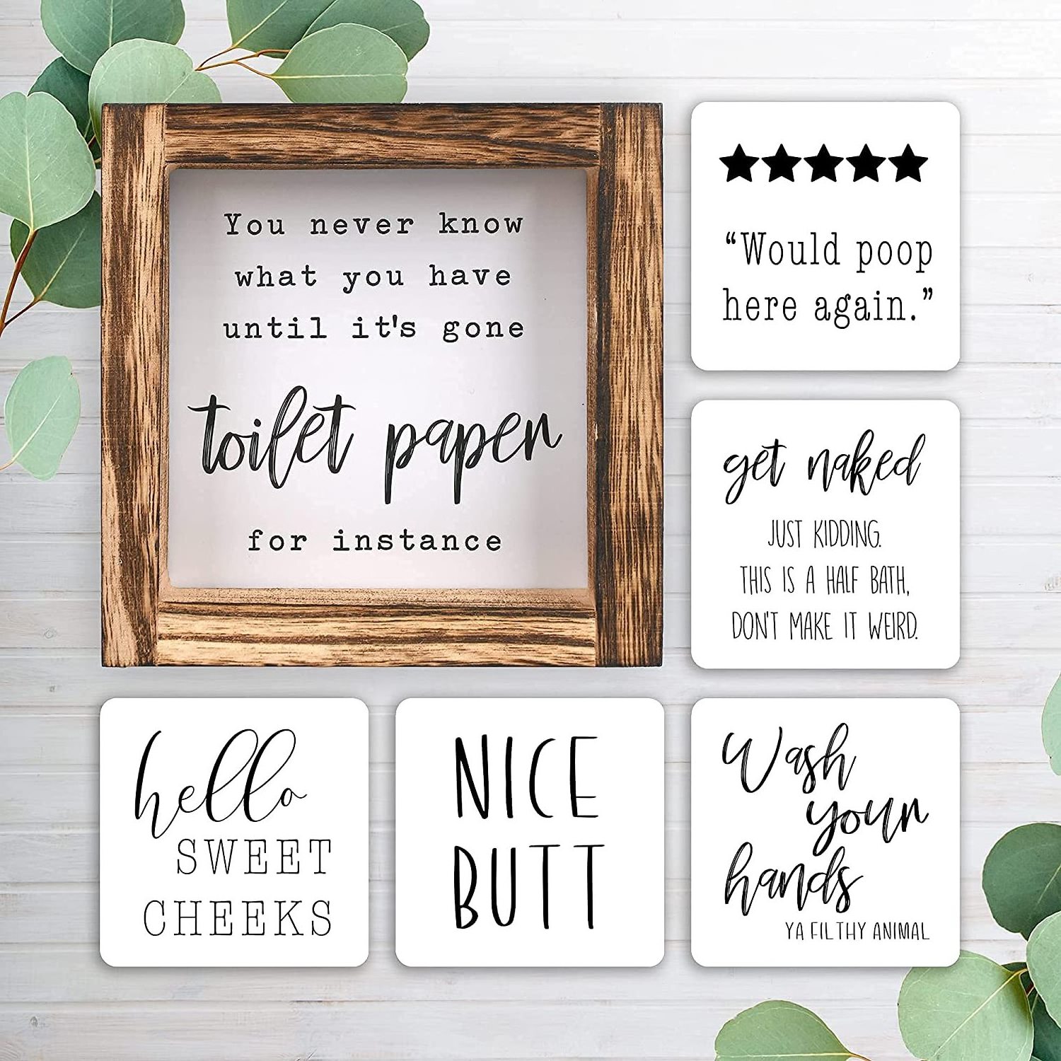 Farmhouse Bathroom Wall Decor Set Funny Bathroom Signs with Rules and 8 Interchangeable Sayings Rustic Farmhouse Accessories