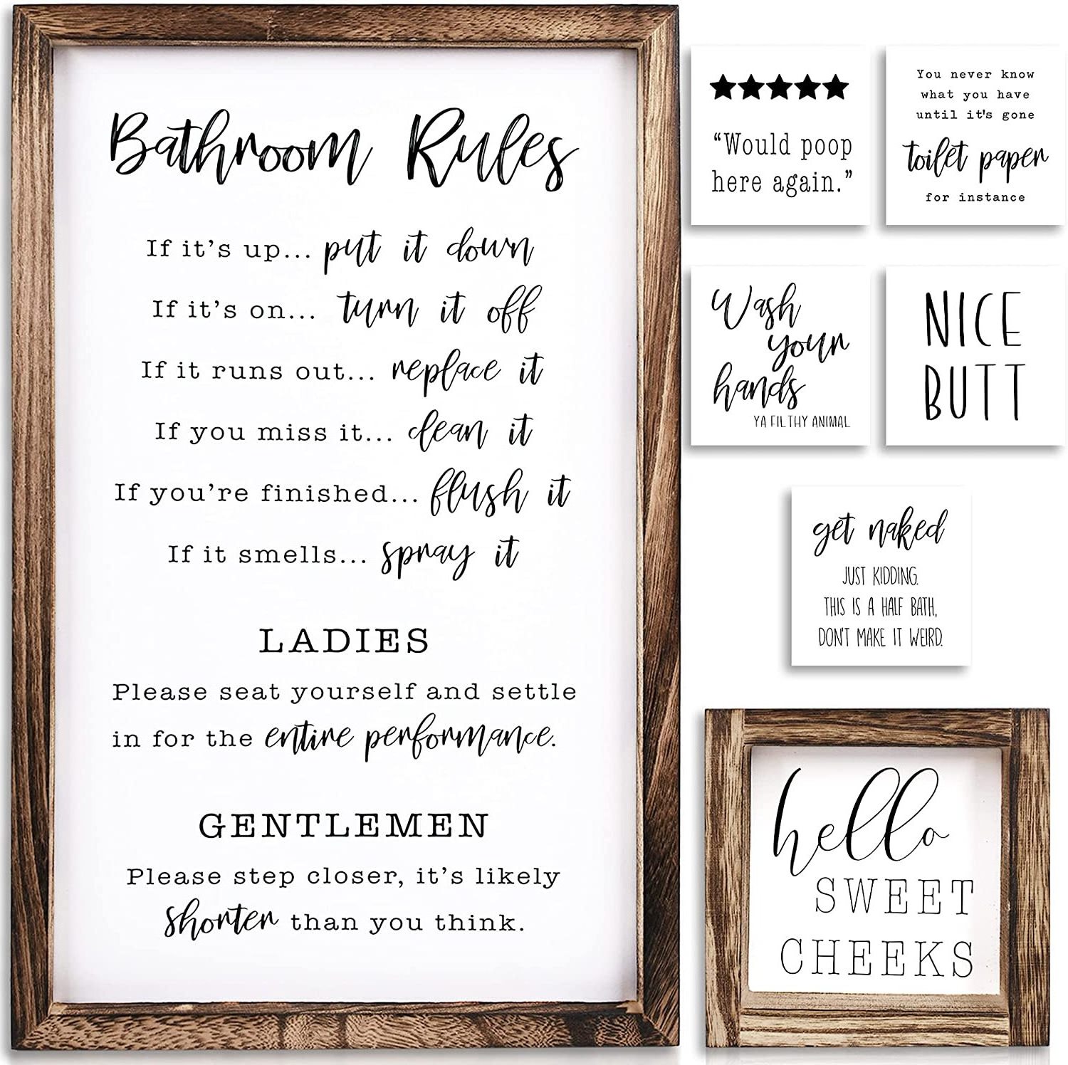 Farmhouse Bathroom Wall Decor Set Funny Bathroom Signs with Rules and 8 Interchangeable Sayings Rustic Farmhouse Accessories