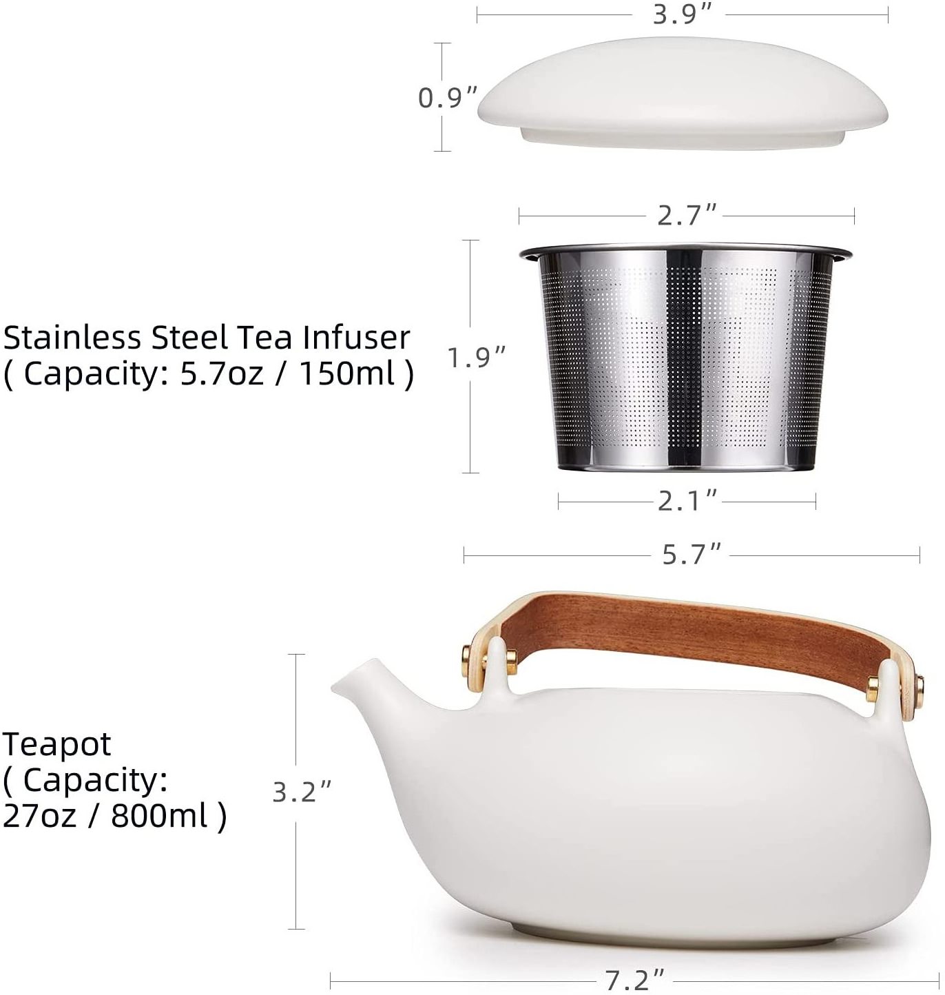 Teapot with Infuser Matte Ceramic Japanese Tea Pot for Loose Leaf Tea, 27 Ounces Porcelain Teapots White for Women Gift