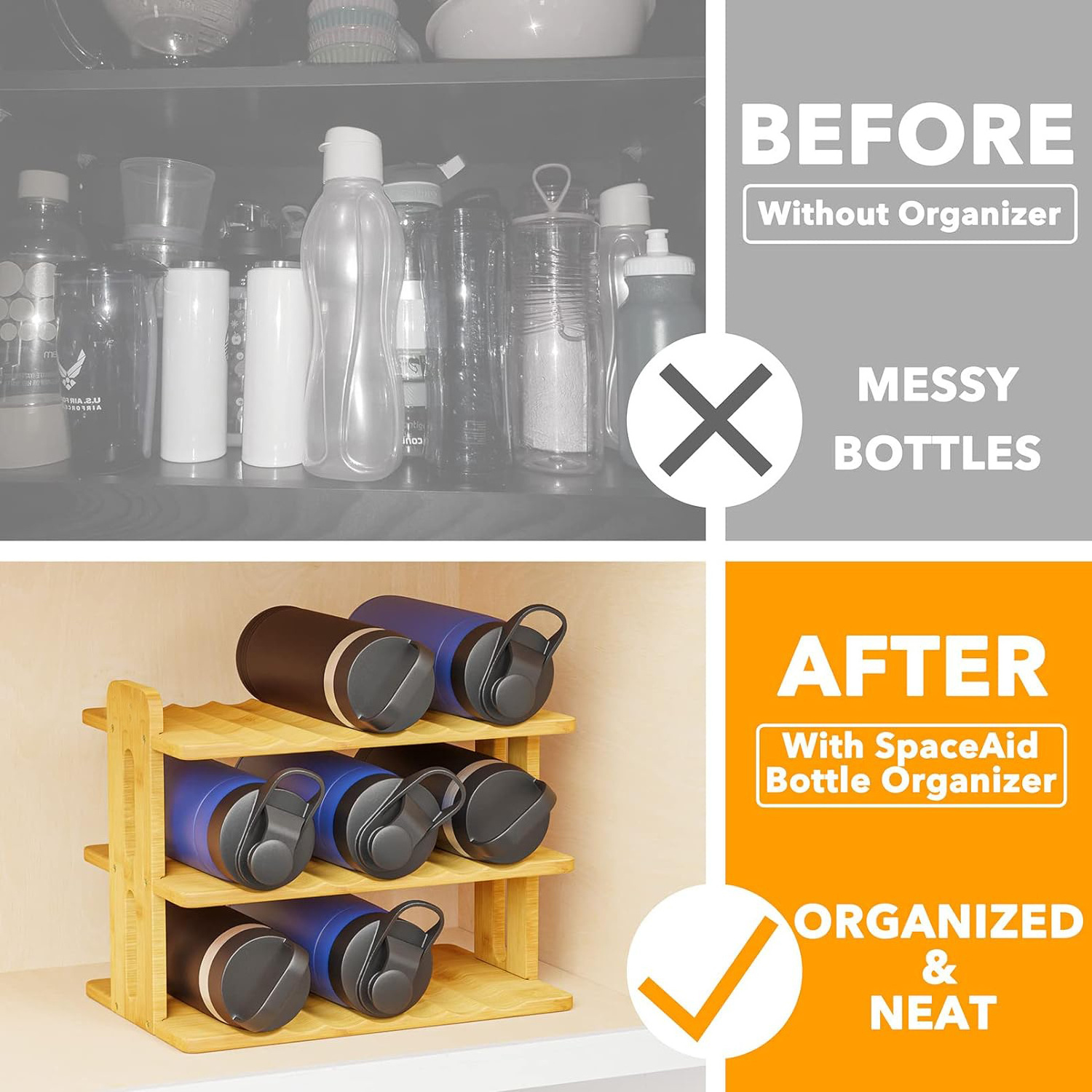 Bamboo Water Bottle Organizer with Labels Kitchen Pantry Water Bottle Storage Rack for Cabinets Wine Bottle Holder Organizers