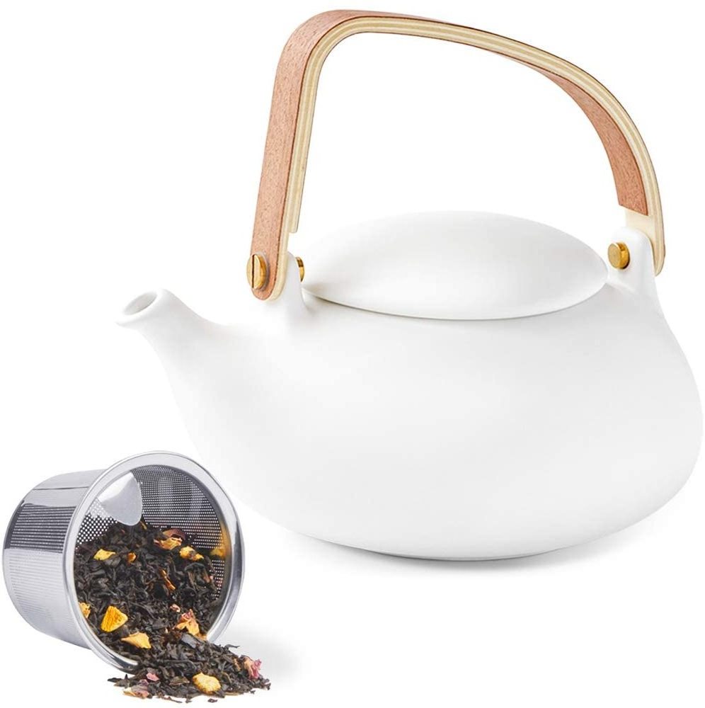 Teapot with Infuser Matte Ceramic Japanese Tea Pot for Loose Leaf Tea, 27 Ounces Porcelain Teapots White for Women Gift