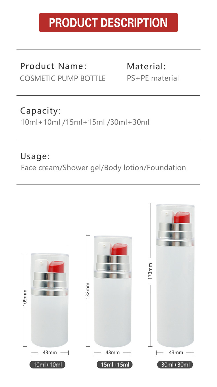 10ml+10ml /15ml+15ml/ 25ml+25ml Empty Twin Double Neck Plastic Dual Chamber Bottle 2-in-1 Dual Chamber Mixed Bottle