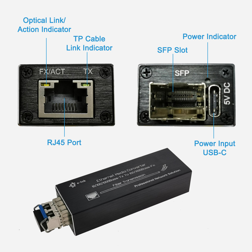 Fiber Media Converter 10 100 1000BASE-T to 100 1000BASE-X SFP Mini Media Converter