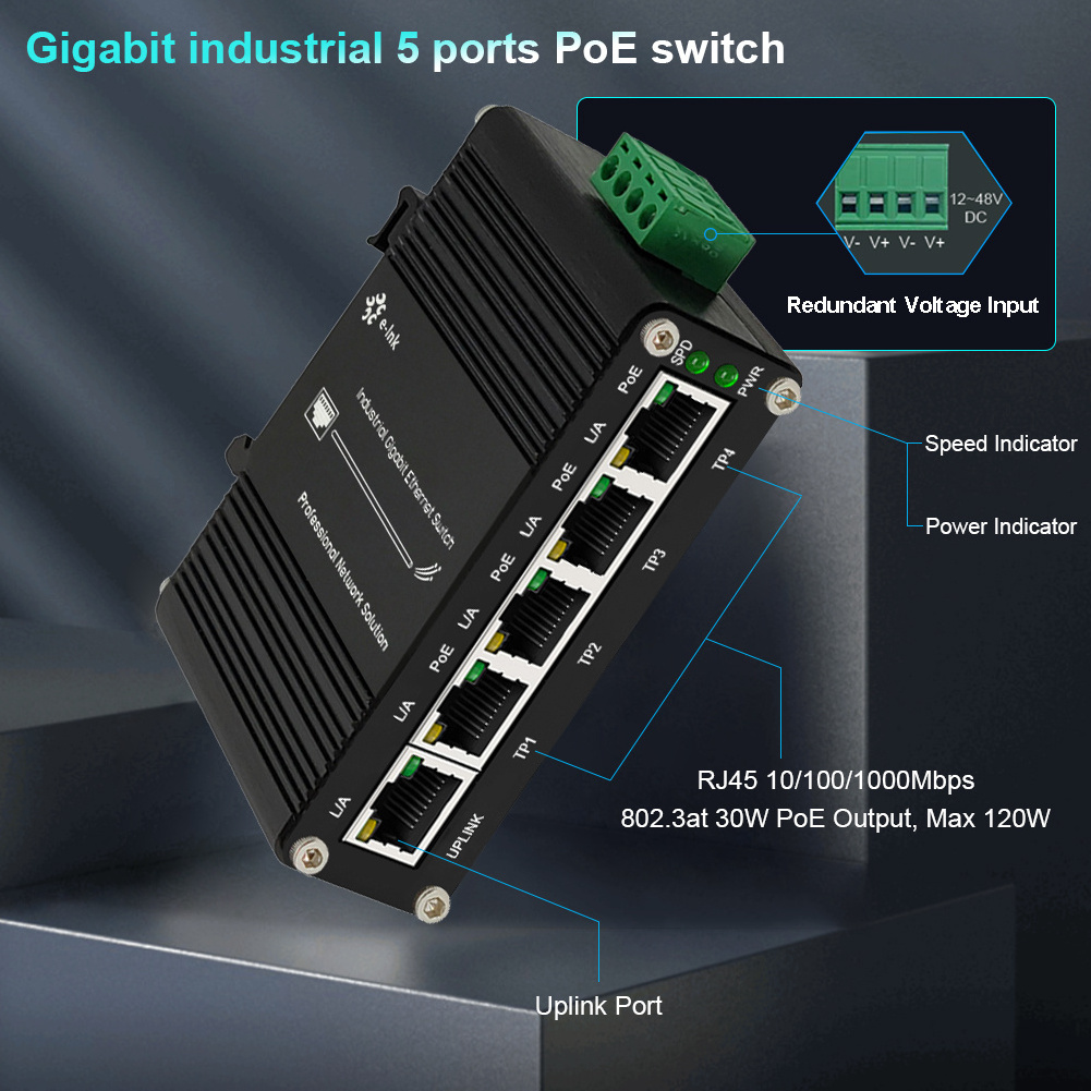 Mini Industrial 4 Port 10 100 1000BASE T 802.3at PoE + 1 Port 10 100 1000T Ethernet Switch