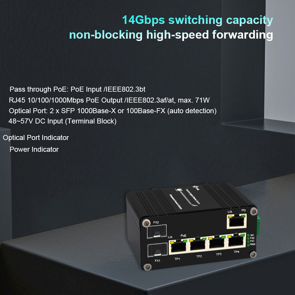 PoE Powered Switch 5 Port 10/100/1000T To 2 Port 100/1000X SFP Industrial Ethernet Switch with PoE Passthrough