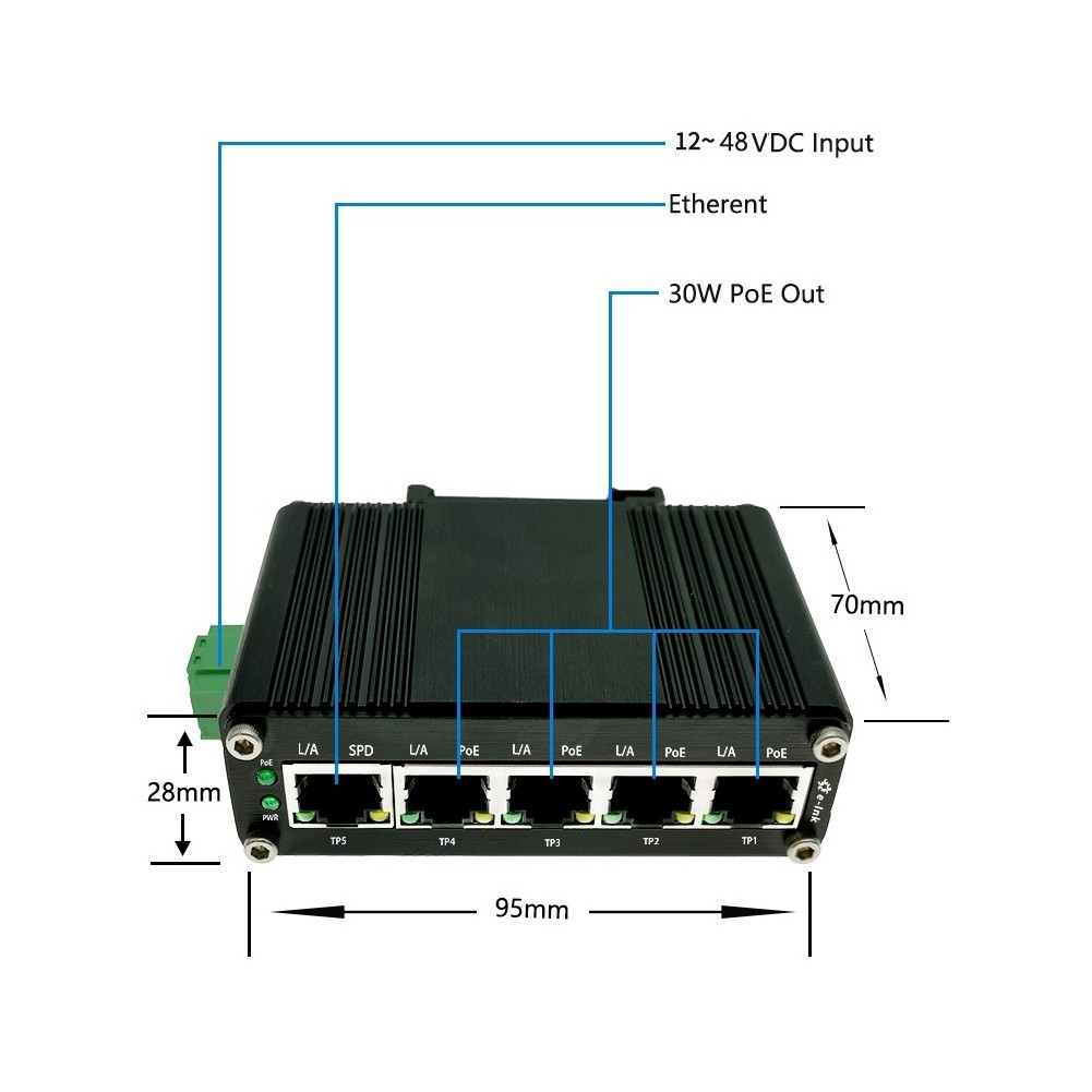 Mini 5 port Industrial PoE Ethernet Switch 4 Ports 10/100/1000T 802.3at To 1 Port Uplink RJ45 DIN rail Installation