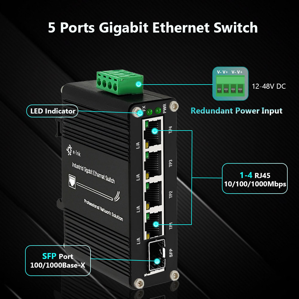 Mini Industrial 4-Port 10/100/1000T 802.3at PoE + 1-Port 100/1000X SFP Outdoor Din rail PoE Switch 4 port Unmanaged