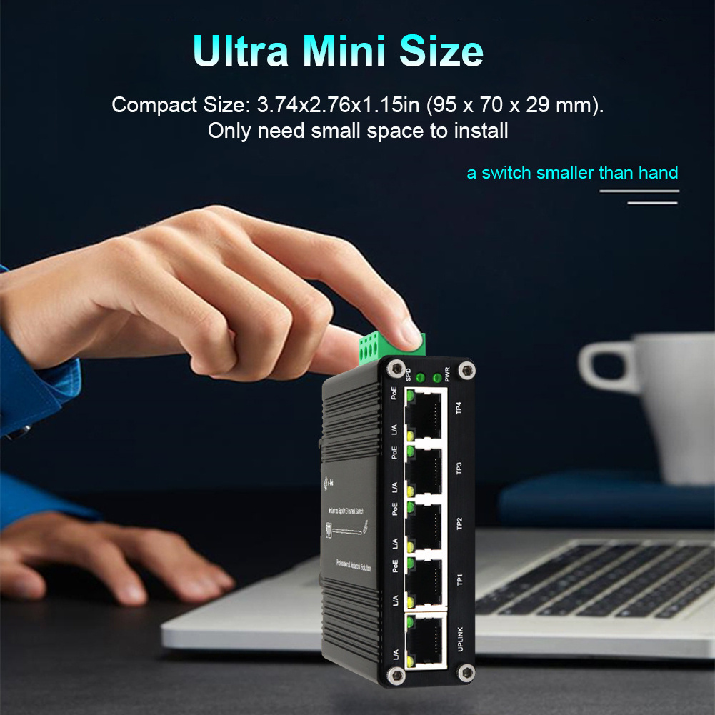 Mini Industrial 4 Port 10 100 1000BASE T 802.3at PoE + 1 Port 10 100 1000T Ethernet Switch