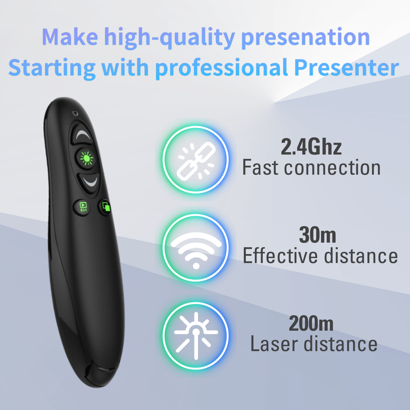 E-SENSE Green Laser 2.4G Wireless Presenter Clicker for Presentation