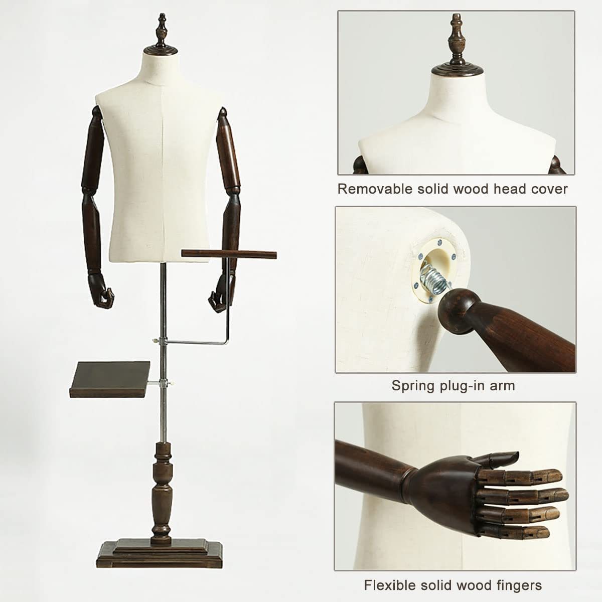 Mannequin Body Torso with Flexible Solid Wood Arm Shoe Holder Pants Rack Square Wood Base Stand for Suit