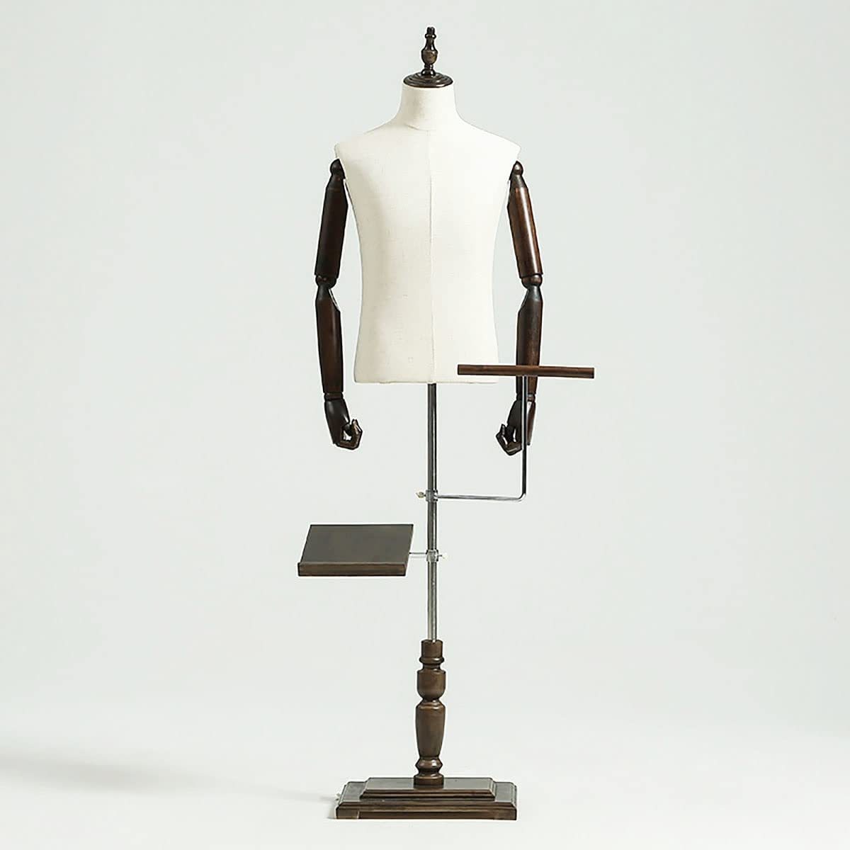 Mannequin Body Torso with Flexible Solid Wood Arm Shoe Holder Pants Rack Square Wood Base Stand for Suit