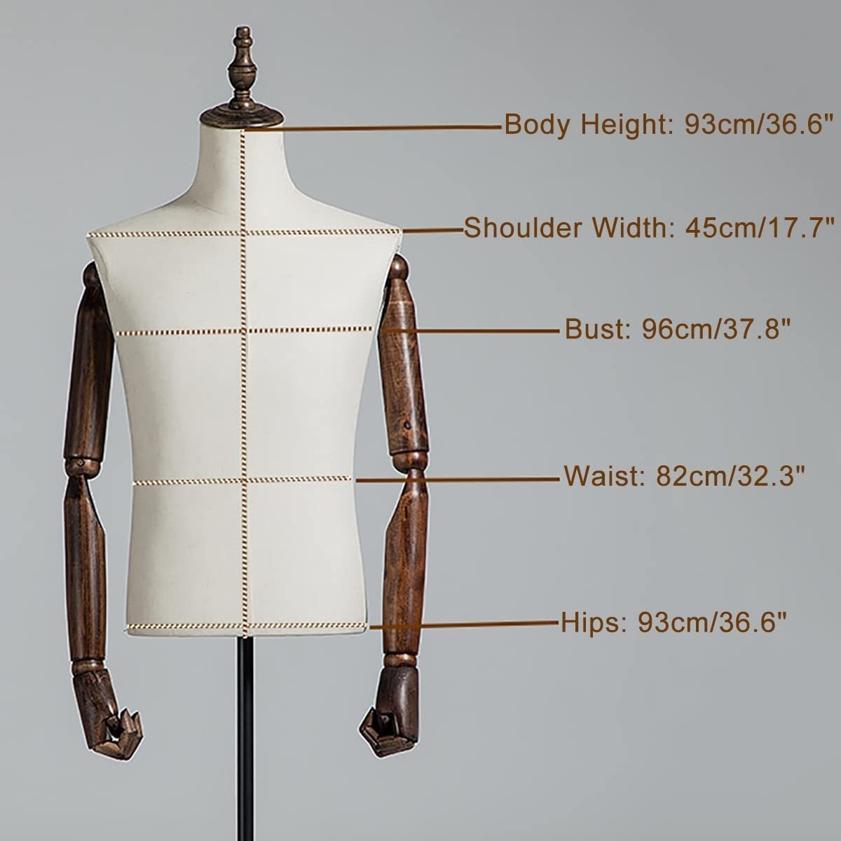 Mannequin Body Torso with Flexible Solid Wood Arm Shoe Holder Pants Rack Square Wood Base Stand for Suit