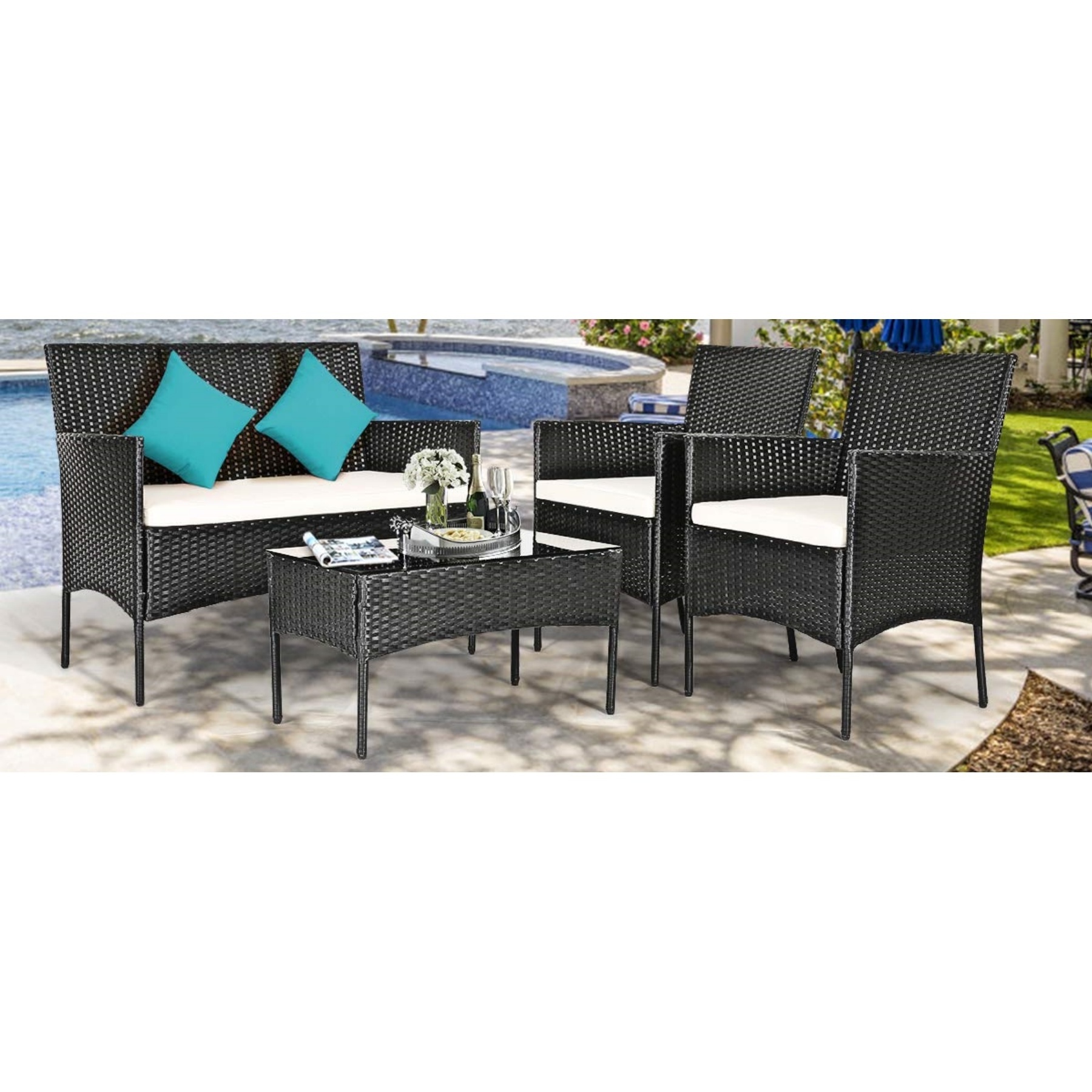 Modern 4 Pieces Outdoor Patio Furniture Set Rattan Wicker Chairs Patio Conversation Sets with Side Table and Washable Cushions