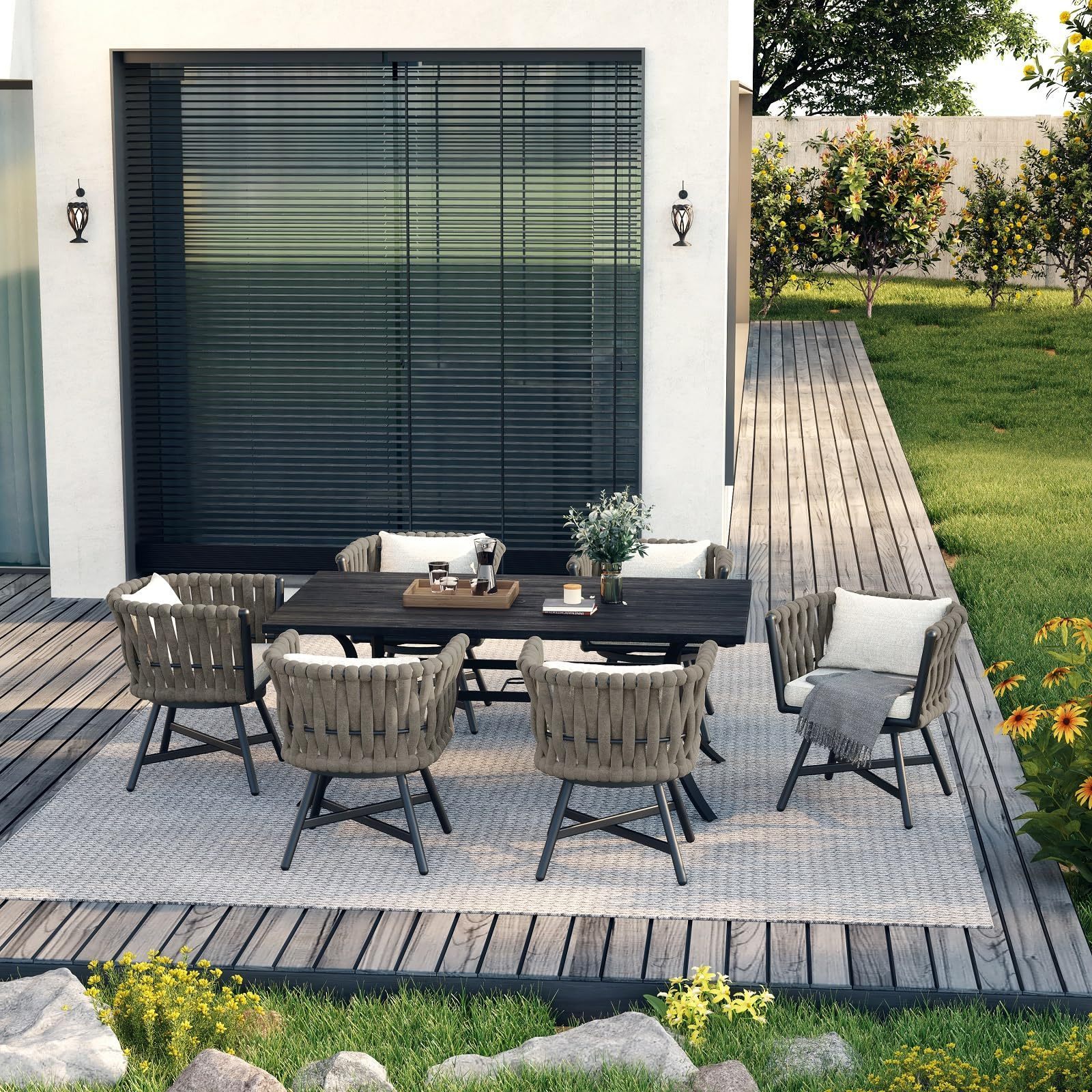 7 Pieces Patio Dining Set All-Weather Outdoor Furniture Set with Cushions High Quality Wicker Patio Dining Table and Chairs