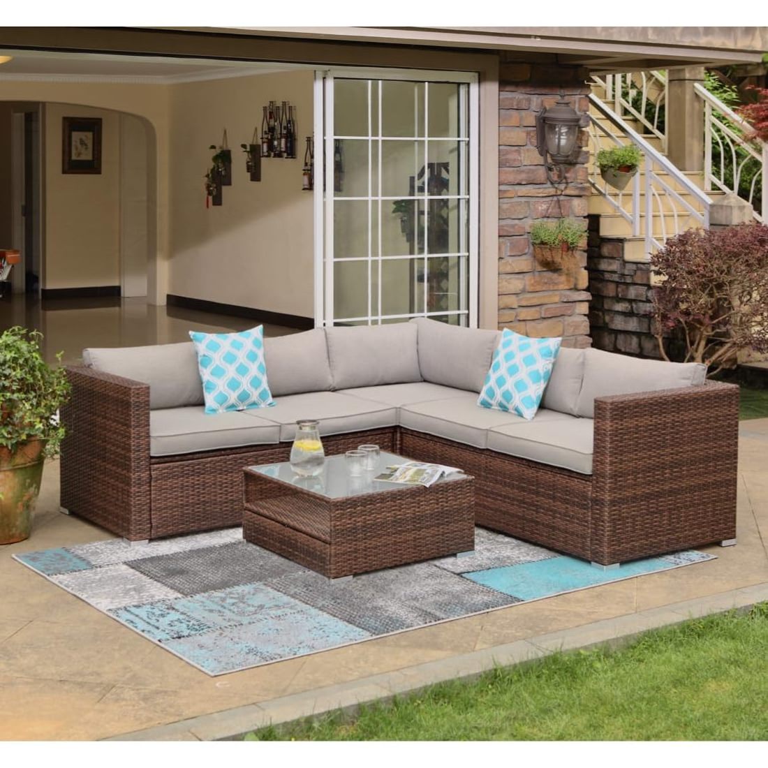 4 Piece Outdoor Furniture Set All-Weather Wicker Sectional Sofa  Thick Cushions, Glass Coffee Table, 2 Teal Pattern Pillows