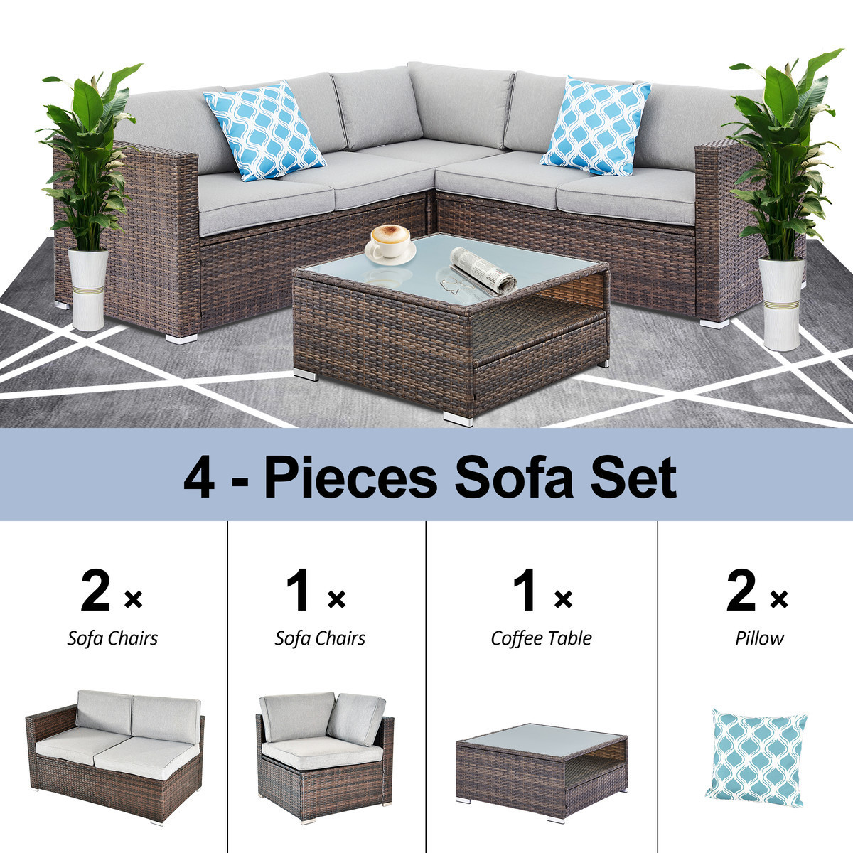 4 Piece Outdoor Furniture Set All-Weather Wicker Sectional Sofa  Thick Cushions, Glass Coffee Table, 2 Teal Pattern Pillows