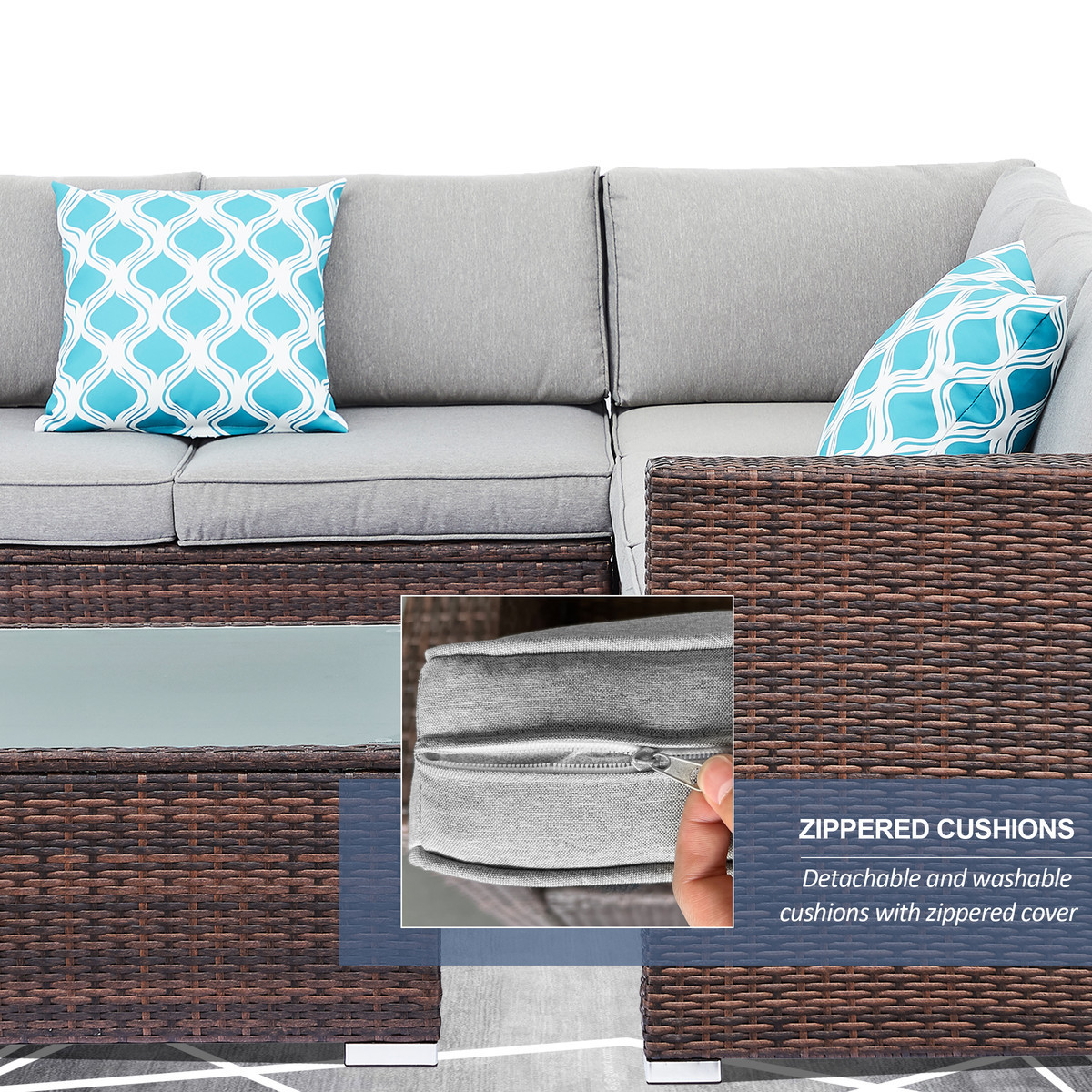 4 Piece Outdoor Furniture Set All-Weather Wicker Sectional Sofa  Thick Cushions, Glass Coffee Table, 2 Teal Pattern Pillows